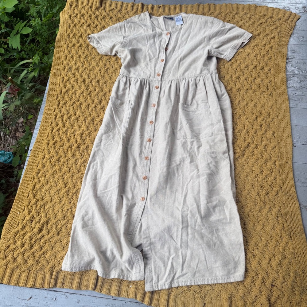 Erika & Co Linen Blend Button Front Midi Dress Beige Short Sleeve Pockets M